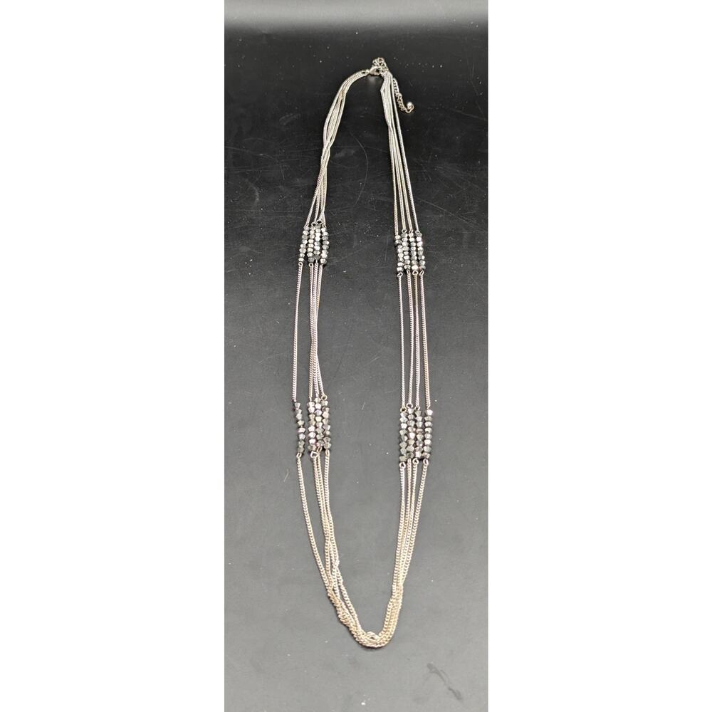 Multi Strand Silver Tone Layered Statement Necklace Hematite Tone Beads 18"